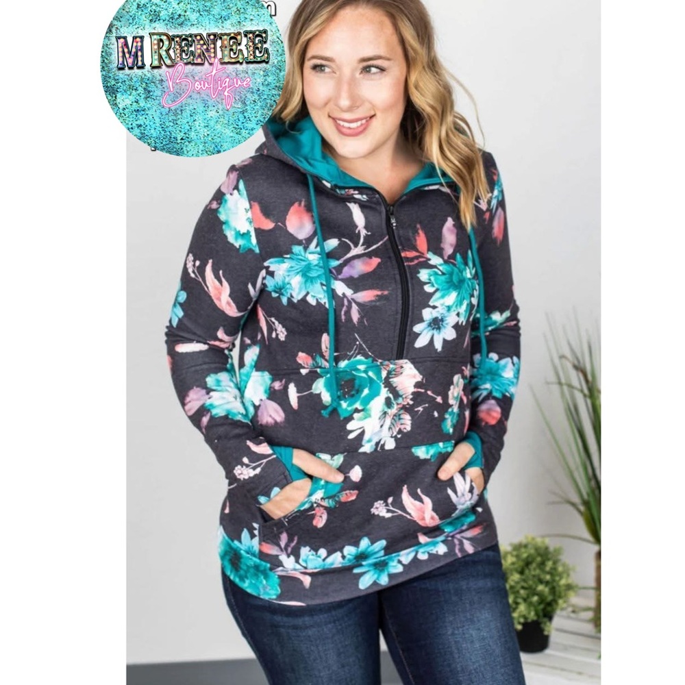 Floral Hoodie by Michelle May- -Thumbhole 1/4 Zip Kango Pockey